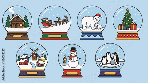 Christmas snow globe vector set. Cute winter icons featuring Santa Claus, snowman, polar bear, penguin, and holiday village scenes. Flat illustration collection for greeting cards and decoration.