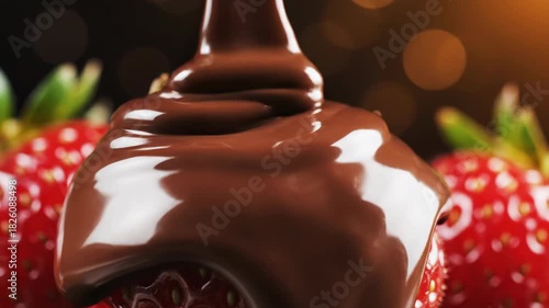 Fresh strawberries drizzled with rich chocolate against a blurred background