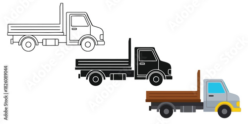  Flatbed Truck In Three styles vector set line art, silhouette and color version