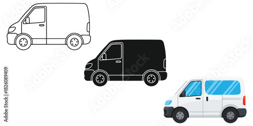 Cargo Van In Three styles vector set line art, silhouette and color version