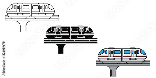 Monorail Train In Three styles vector set line art, silhouette and color version