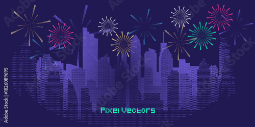 Pixel Radial Dither Gradient New Year Background with Colorful Fireworks Fading Halftone Dots
