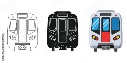 Modern Subway or train Car In Three styles vector set line art, silhouette and color version