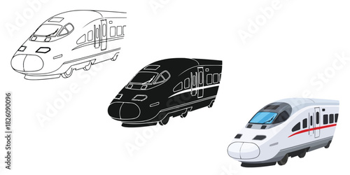 Highspeed Train in Three styles vector set line art, silhouette and color version