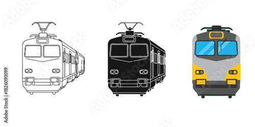 Metro Rill in Three styles vector set line art, silhouette and color version
