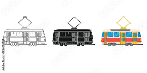 Classic Tram Three styles vector set line art, silhouette and color version