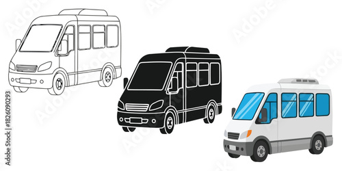 Small Passenger bus in Three styles vector set line art, silhouette and color version