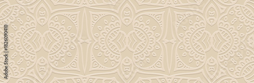 Banner, cover design, mural. Elegant geometric 3D ethnic pattern on a light background, embossed. Handmade. Ornaments, arabesques, and mandalas of the East, Asia, India, Mexico, Aztecs, and Peru.