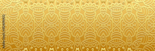 Banner, tribal cover design, mural. Geometric embossed decorative gold pattern, ornament, mandala. Handmade. Motifs of the East, Asia, India, Mexico, Aztec, Peru.