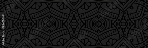 Banner, cover design, mural. Geometric ethnic exotic 3D pattern on a black background, embossed. Handmade. Ornaments, arabesques, mandalas of the East, Asia, India, Mexico, Aztec,  Peru