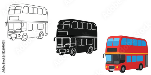 Double Decker Bus In Three styles vector set line art, silhouette and color version