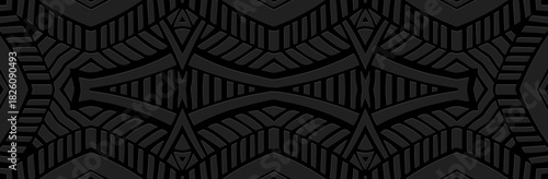 Banner, cover design, mural. Unique 3D geometric ethnic pattern on a black background, embossed. Handmade. Ornaments, arabesques, mandalas of the East, Asia, India, Mexico, Aztecs,  Peru.