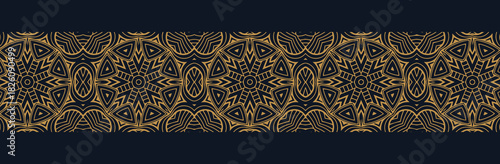 Banner, cover design, mural. Geometric ethnic decorative pattern, blue background. Handcrafted style. Tribal ornaments, arabesques, mandalas. Traditions of the East, Asia, India, Mexico, Aztecs, Peru.