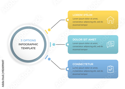 Infographic template with central circle and three colorful connected option boxes