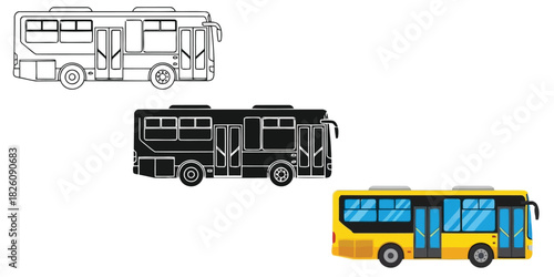 City bus in Three styles vector set line art, silhouette and color version