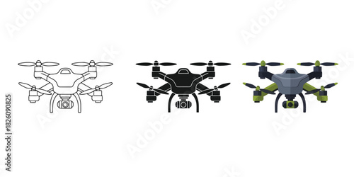 Drone icons in Three styles vector set line art, silhouette and color version three