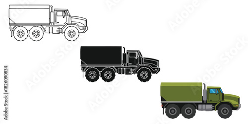 Three styles vector set line art, silhouette and color version three illustrations of a military cargo truck with a tank, in outline, black silhouette, and green versions, white
