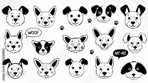 Set of hand drawn cute dog face doodles and illustrations.