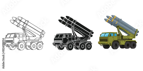 military rocket launcherThree styles vector set line art, silhouette and color version 