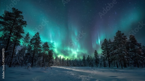 Snowy forest under vibrant green aurora borealis at night northern lights