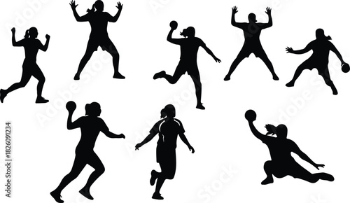 Silhouetted women playing handball vector graphic illustration