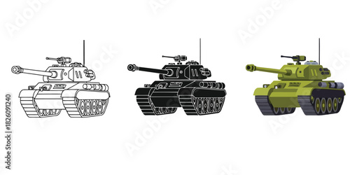 Distinct military Tanks imThree styles vector set line art, silhouette and color version three