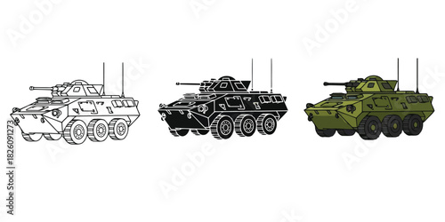 Military armored vehicle InThree styles vector set line art, silhouette and color version