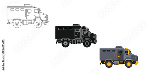 Armored Security truck Three styles vector set line art, silhouette and color version 