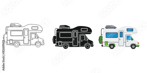 Recreational Vehicle rv or camper van Three styles vector set line art, silhouette and color version