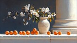 A still life arrangement featuring a vase with blooming branches and apricots, set against a dark background with a classical column, illuminated by soft light.
