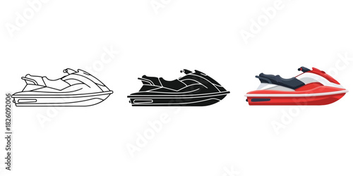 Ersonal watercraft  in Three styles vector set line art, silhouette and color version