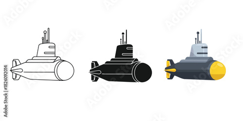 Submarine in Three styles vector set line art, silhouette and color version