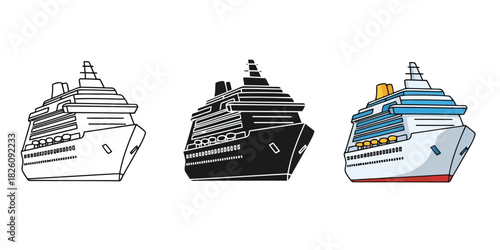 Cruise ship in Three styles vector set line art, silhouette and color version