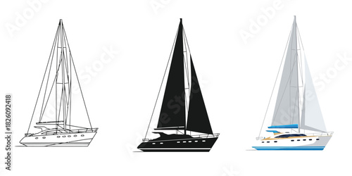 Sailboat  inthree styles vector set line art, silhouette and color version