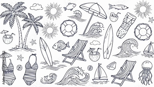 Summer Beach Vacation Doodle Set with Palm Trees and Surfboards.
