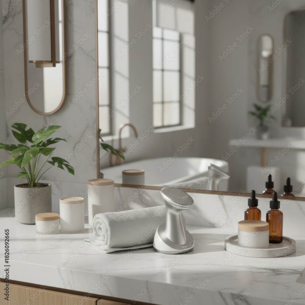 Fototapeta premium Modern beauty station setup with a facial toning tool and serums arranged on a marble surface.