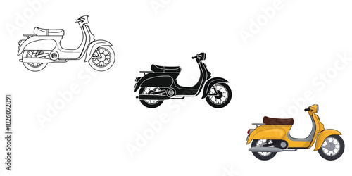 Vintage scooter In Three styles vector set line art, silhouette and color version