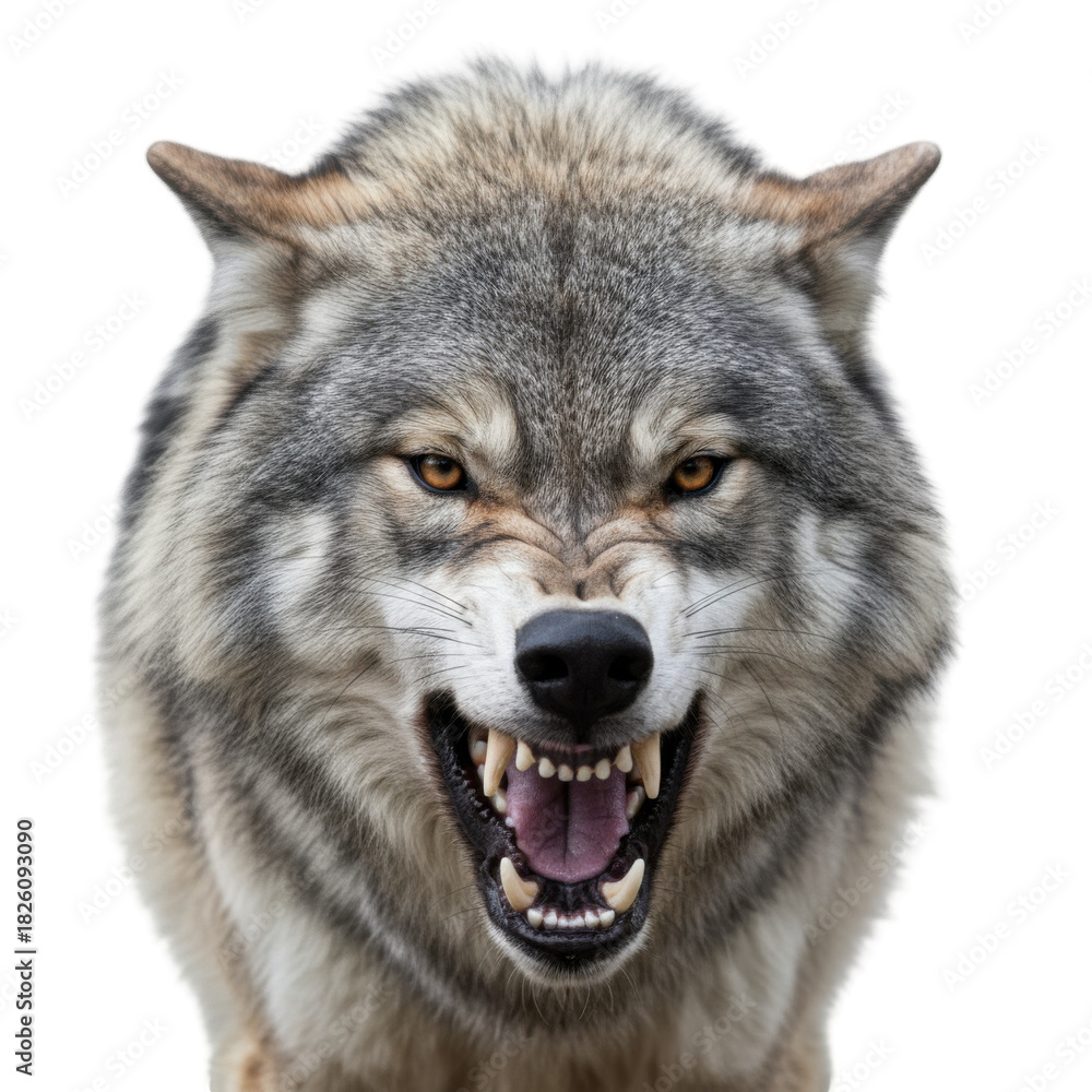 Fototapeta premium Fierce Wolf Snarling Portrait with Intense Eyes Against a Black Background