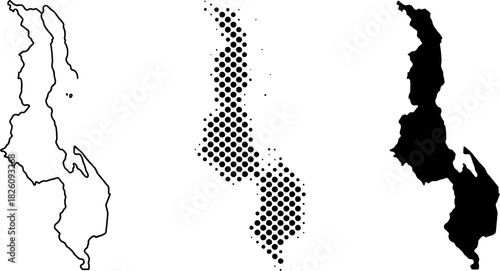 Malawi Map Vector Set Halftone Silhouette Outline