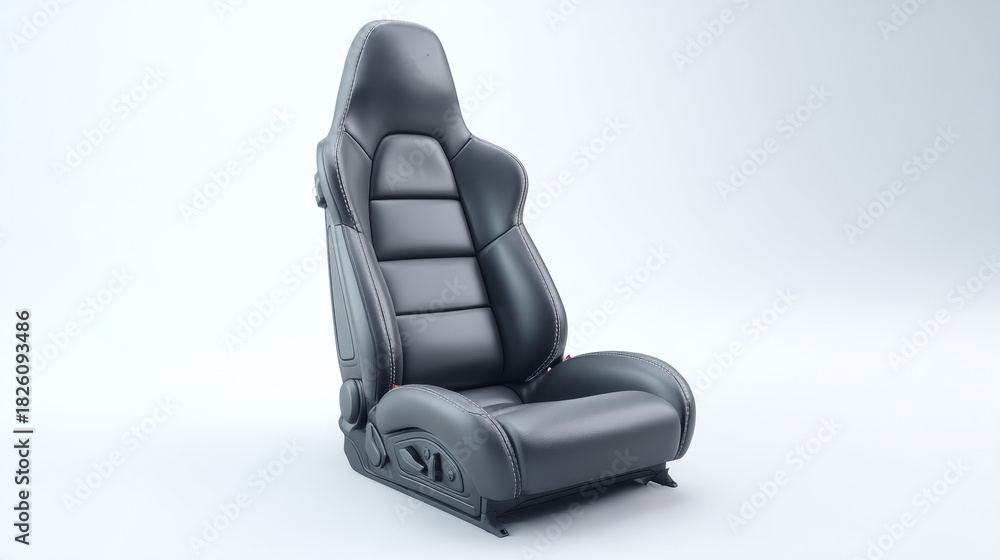 Fototapeta premium Black leather car seat isolated on a white background, automotive interior. premium leather car seat is designed for comfort and support, perfect for automotive enthusiasts and designers.