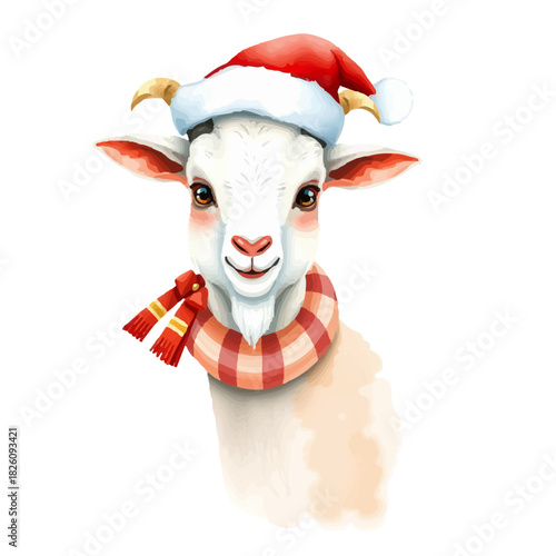 Watercolor illustration of a fabulous cute goat, symbol of 2027, in a red Santa Claus hat and cozy red scarf, with a New Year's mood, character, light pastel colors, white background.
