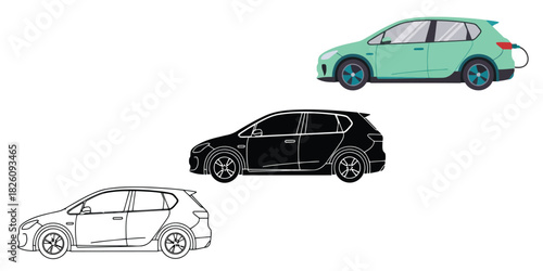  Hatchback car in Three styles vector set line art, silhouette and color version, green electric vehicle