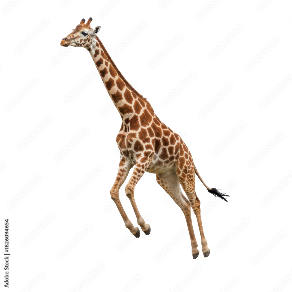Obraz premium Graceful giraffe captured in mid-stride against a striking black background
