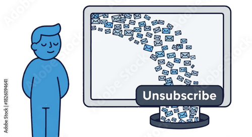 A clean, modern flat vector illustration depicting the concept of email overload and the relief of unsubscribing from mailing lists