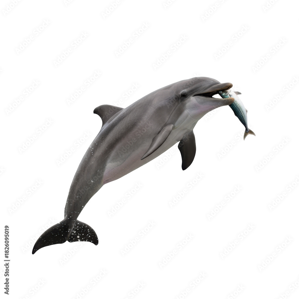Fototapeta premium Intelligent dolphin captured mid-leap with a fresh fish in its mouth isolated on black