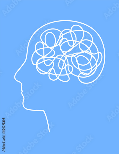 Continuous line drawing of head silhouette with chaotic scribbles inside. Psychology and psychotherapy concept showing anxiety, ADHD, and confused thoughts seeking support.