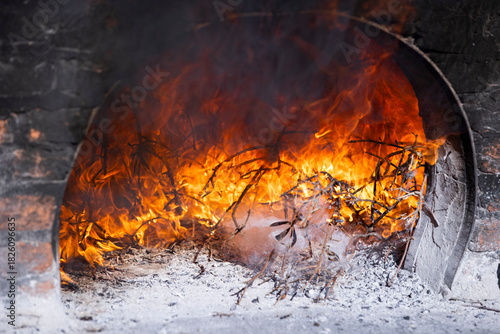 Burning Wood Inside Traditional Stone Oven