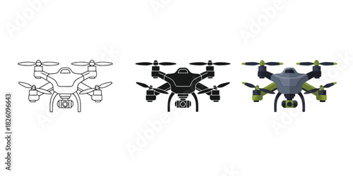 Drone icons in in Three styles vector set line art, silhouette and color version