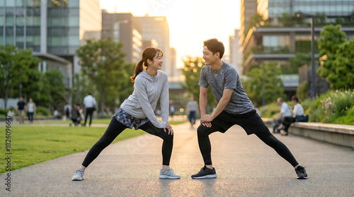 Young Asian couple stretching in a park enjoying a healthy lifestyle exercising outdoors in the city