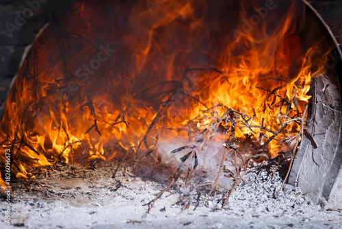 Burning Wood Inside Traditional Stone Oven